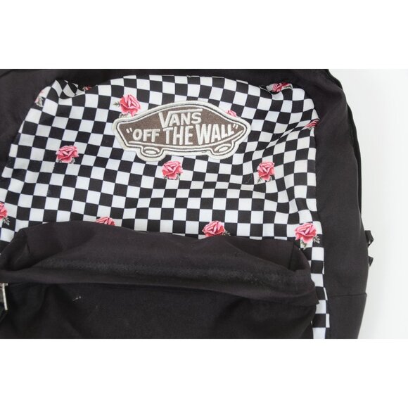 Vans Realm Checkerboard Roses Backpack School Bag Skater Surfer Black White - Picture 4 of 8